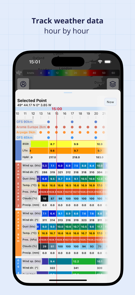 Squid Mobile - Detailed hourly weather data comparison across multiple models on Squid Mobile app