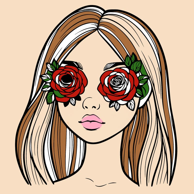 a realistic girl with roses for eyes