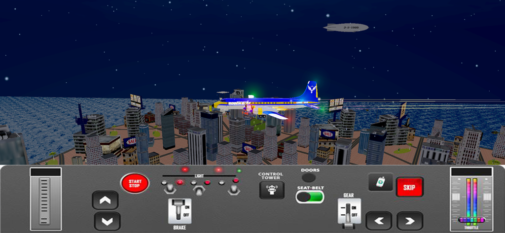 Airplane Simulator Flying Game - Avión azul volando sobre una ciudad 3D por la noche con controles de tablero de cabina