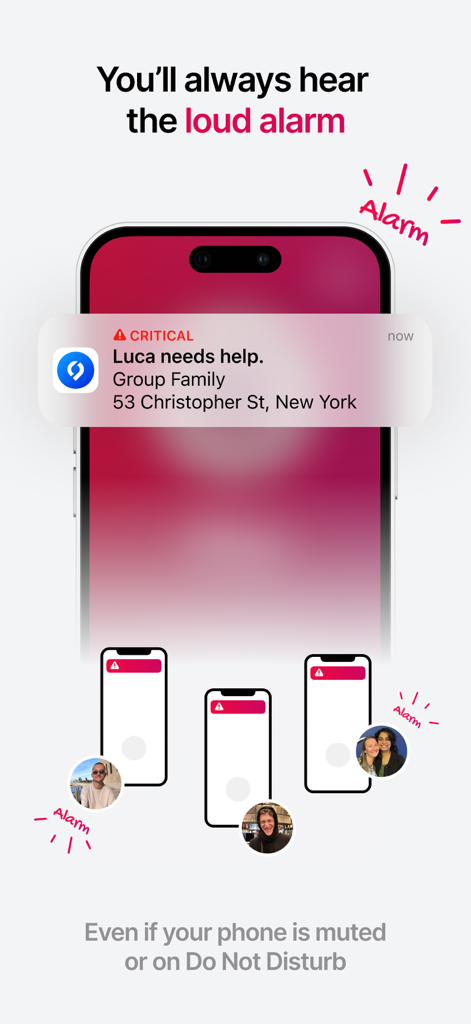 A smartphone displaying a critical loud alarm notification from the SafeNow app showing the user location and help request even on do not disturb mode