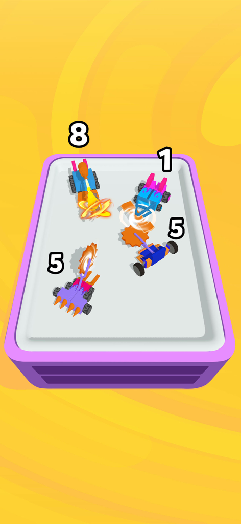 Robot Merge and Fight Master - Robotic battle vehicles with level indicators fighting in a purple arena