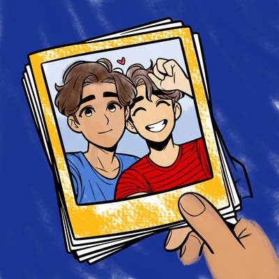 realistic, best friends taking a polaroid picture