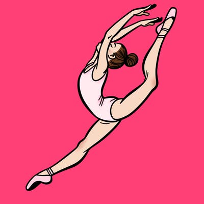 gymnast doing a leap in a leotard with a bent back leg
