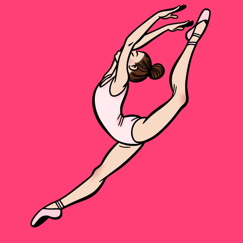 gymnast doing a leap in a leotard with a bent back leg