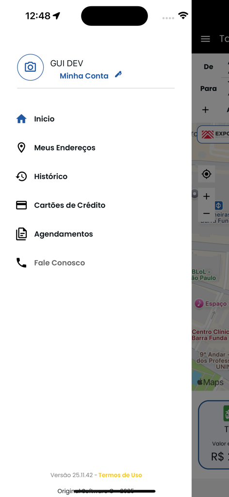 Táxi Belô - Menú lateral de la aplicación Taxi Belo mostrando opciones de navegación como historial de cuentas y tarjetas de crédito
