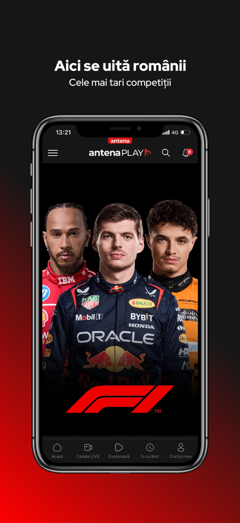 AntenaPLAY - AntenaPLAY app interface showing Formula 1 live streaming with famous drivers and the F1 logo
