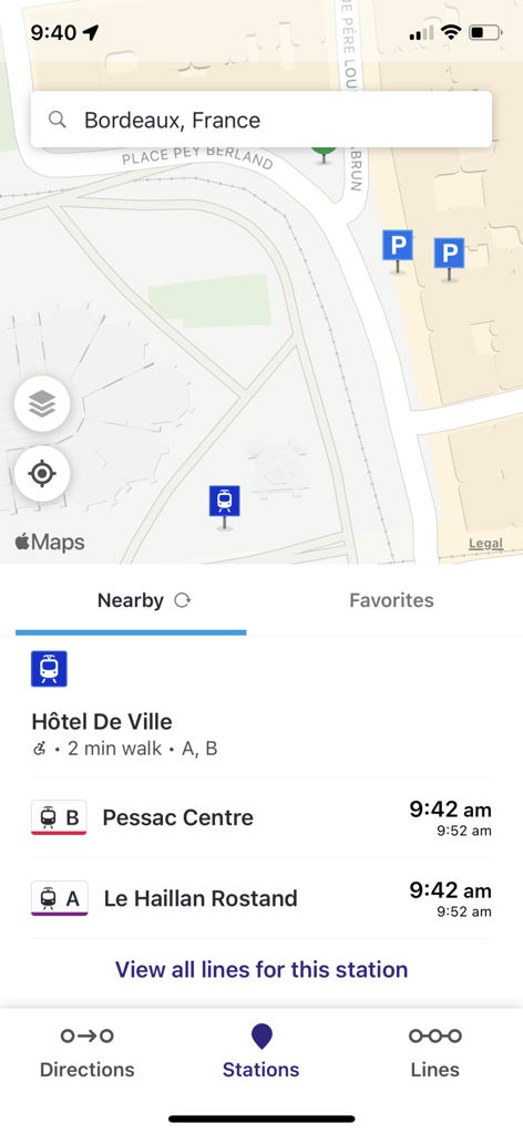 Modalis - Modalis app interface displaying a map of Bordeaux and nearby tram schedules for Hotel de Ville station