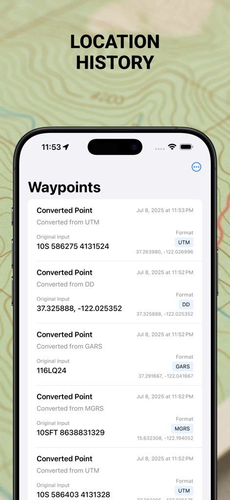 Coordinate Converter - MyGPSC - Coordinate Converter app screenshot showing a list of saved waypoints and location history with coordinate formats like UTM, MGRS, and GARS