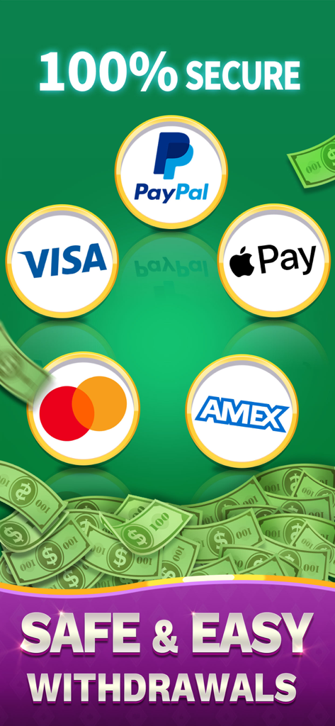 Solitaire of Cash - Secure payment and withdrawal methods in Solitaire of Cash featuring PayPal Visa and Apple Pay logos