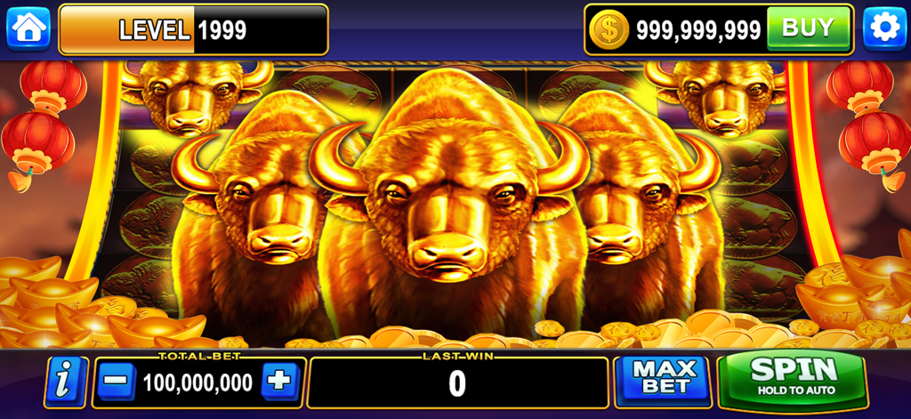 Vegas Casino Slots - Mega Win - Ein mobiler Slotmaschinen-Spielbildschirm mit goldenen Büffel-Symbolen und virtuellen Goldmünzenhaufen
