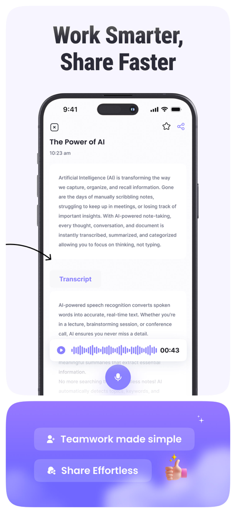 AI Meeting Note Taker - NoteAI - Interfaccia dell'app NoteAI che visualizza una trascrizione di riunione generata dall'IA e opzioni per una condivisione senza sforzo.