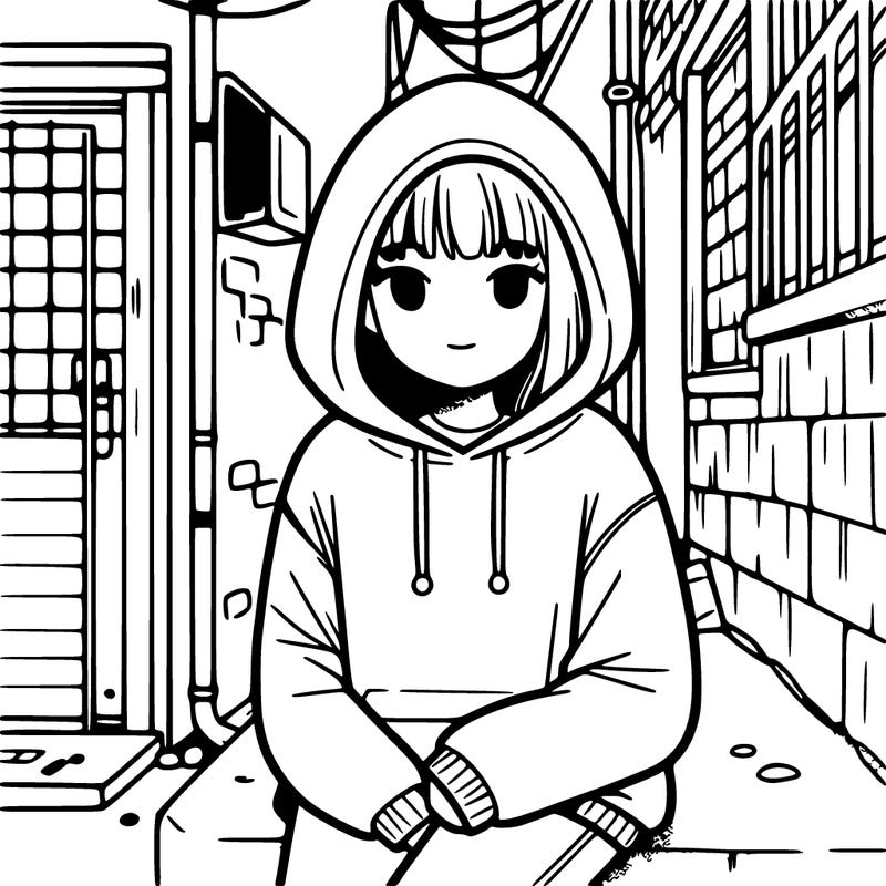 a girl with a hoodie siting against a wall in an alley
