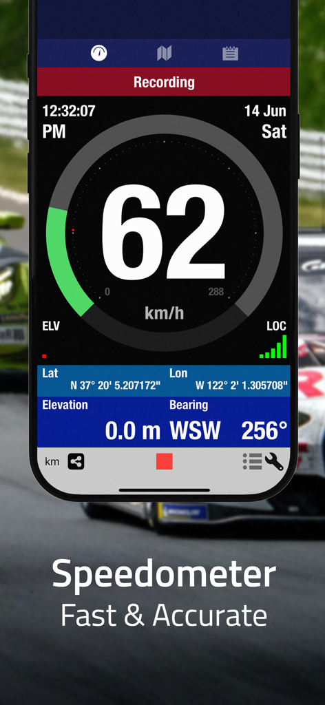 A smartphone screen displaying the GeoLogger app with a digital speedometer, GPS coordinates, elevation, and bearing information.