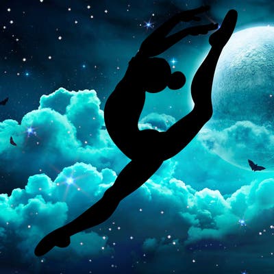 gymnast doing a leap in a leotard with a bent back leg