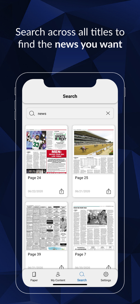 Seattle Times Print Replica app search interface showing newspaper page results for a news query.