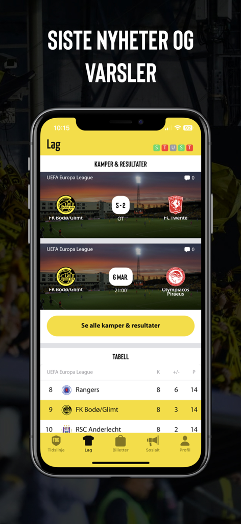 FK Bodø/Glimt - Application mobile FK Bodo-Glimt affichant les scores des matchs, les prochains matchs et le classement de l'UEFA Europa League.
