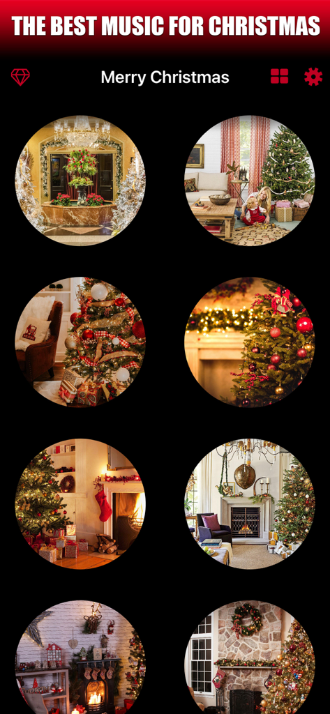 Merry Christmas TV - A selection of festive living room scenes with Christmas trees and fireplaces within the Merry Christmas TV app menu
