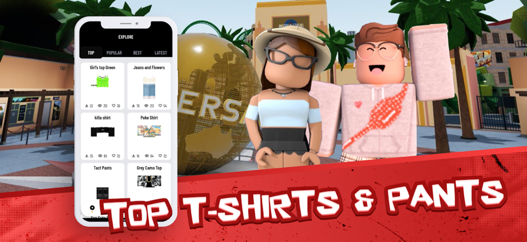 Skins for Roblox - Una interfaz de aplicación móvil que muestra una colección de camisetas y pantalones para avatares de Roblox