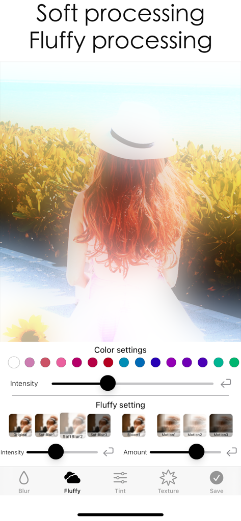 Mobile app interface demonstrating soft and fluffy blur filters on a photo of a person with red hair