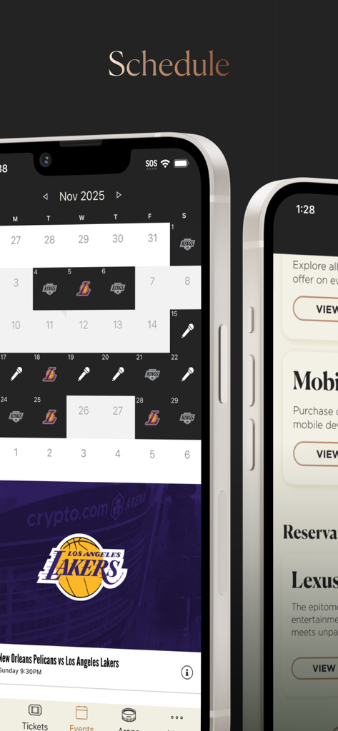 Crypto.com Arena Premium - Calendário de eventos mensal no aplicativo Crypto.com Arena Premium mostrando jogos futuros dos Lakers e Kings.