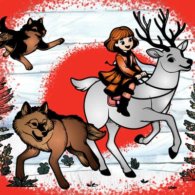 a realistic girl riding on the back of a deer and their being chased by wolves