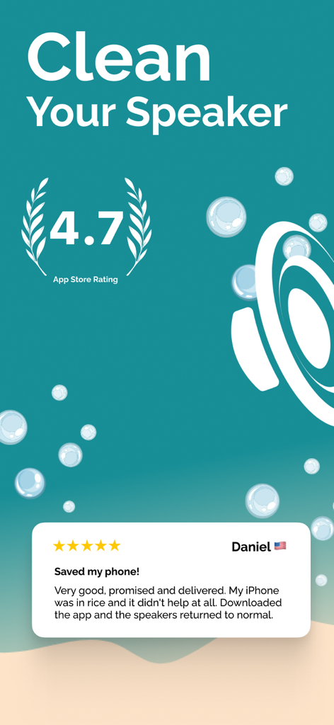 Screenshot of Clear Wave app highlighting its speaker cleaning feature and a positive 5 star review