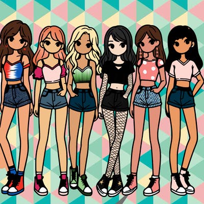 a group of girls wearing crop tops and shorts