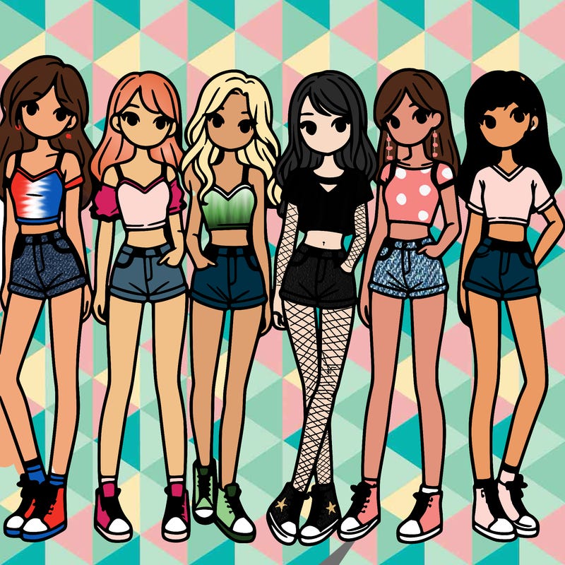 a group of girls wearing crop tops and shorts