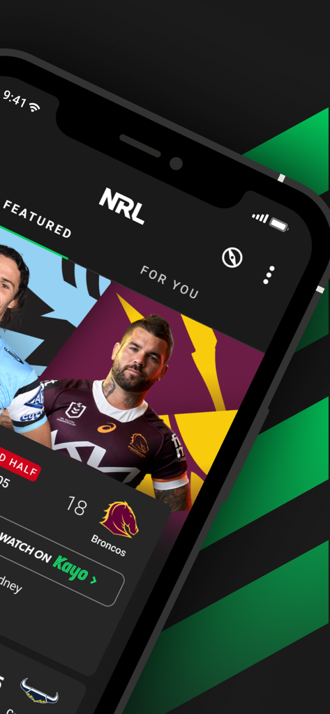NRL Official App - A smartphone displaying the NRL Official App home screen with featured player content and live match scores.