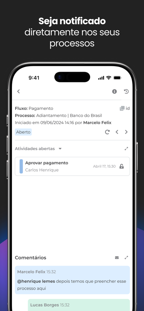 Interface do aplicativo Holmes mostrando uma aprovação de processo de pagamento e comentários de tarefas em um iPhone.