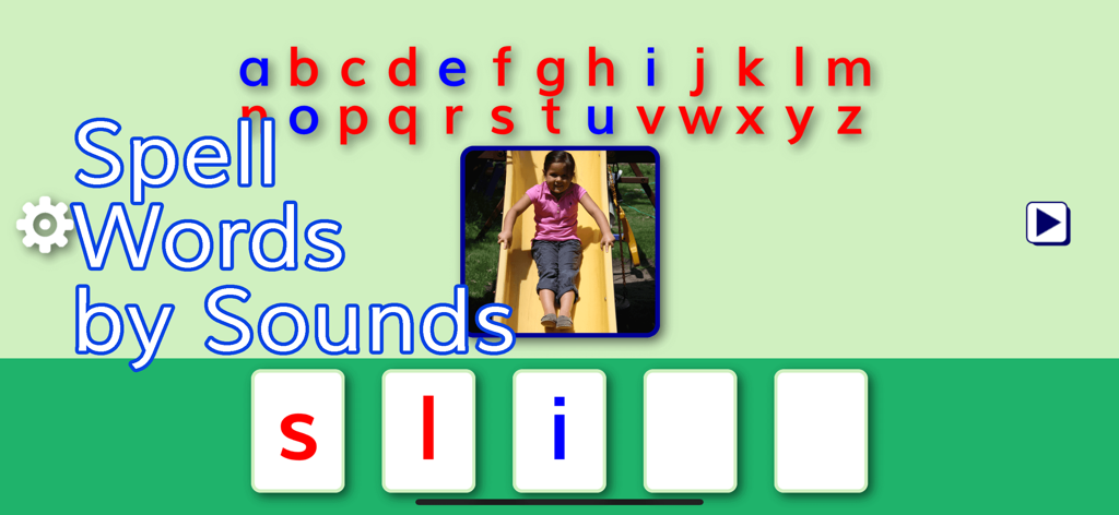 SPELLING MAGIC 4 for Schools - Educational app interface showing a word building activity for the word slide using a moveable alphabet and a visual picture of a child on a slide