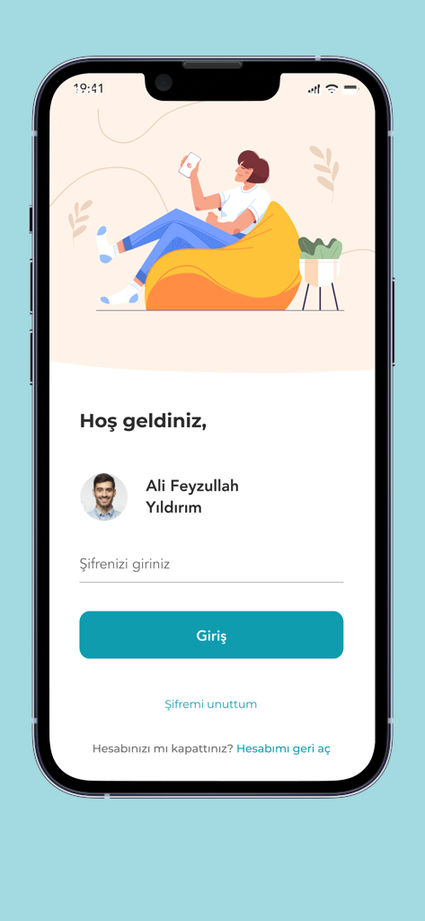 Écran de connexion de l'application de portefeuille numérique Başkent Kart montrant un profil utilisateur et un champ de saisie de mot de passe