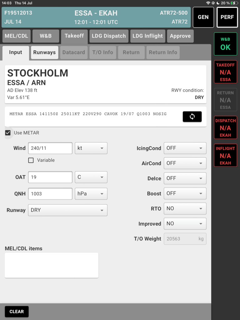 Guru2 Regional - Interfaccia dell'app Guru2 Regional che mostra input delle prestazioni di decollo e dati meteorologici per il volo di un aereo regionale.