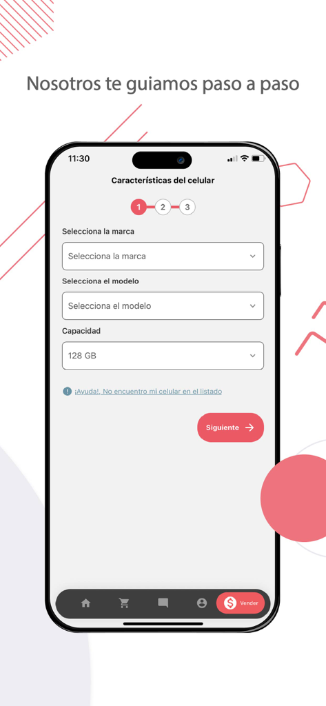 GivU - Step-by-step interface in the GivU app for selecting brand model and capacity when selling a phone