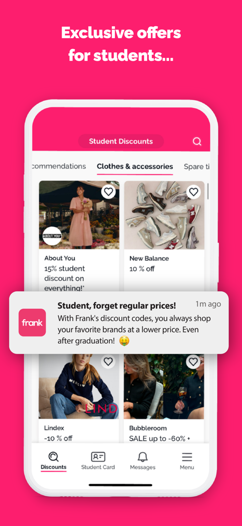 Frank App - 유명 의류 브랜드의 독점 학생 할인이 표시된 Frank 앱 모바일 인터페이스.