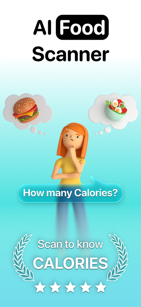 Calzeno Diet - Calorie Tracker - Característica de la aplicación Escáner de Alimentos IA mostrando un personaje pensando en las calorías de una hamburguesa y una ensalada