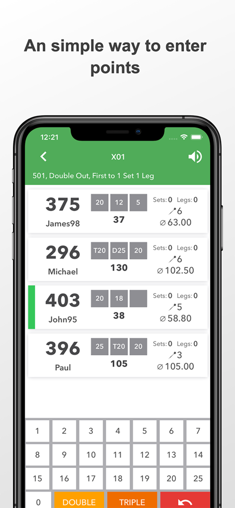 Darts Scoreboard: Scorekeeper - Mobile app interface for tracking darts scores in a 501 game with multiple players and a point entry keypad