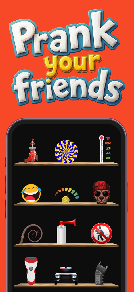 The Prank App - Funny Sounds - The Prank App funny sounds and prank tools menu screen with various icons on shelves