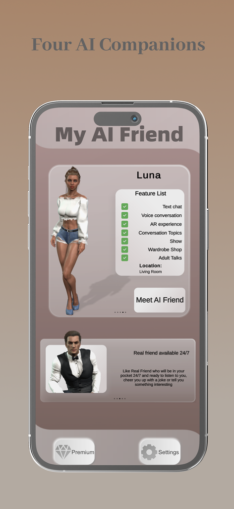 Smartphone interface of My AI Friend app showing a virtual companion character named Luna with a list of interactive features.
