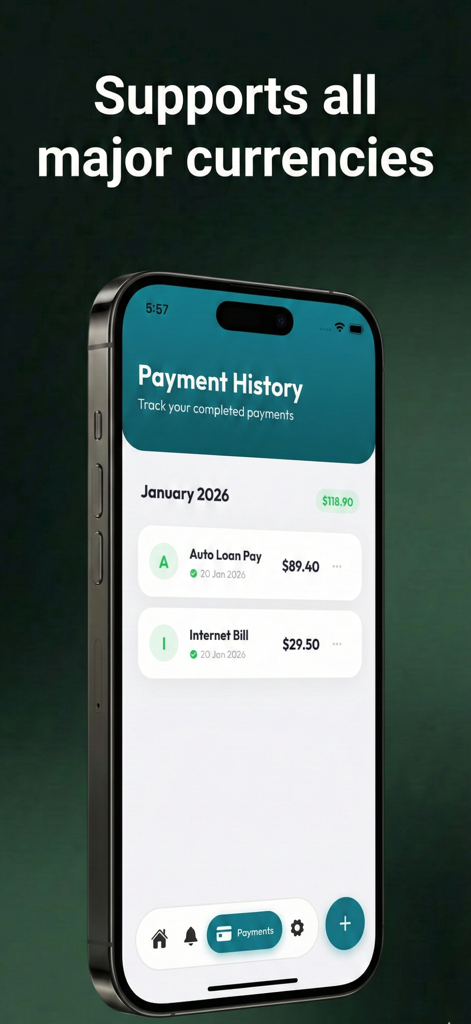 Pay Alert: Bill & Loan Tracker - Screenshot of the Pay Alert app showing a payment history list for January 2026 with an auto loan and internet bill.