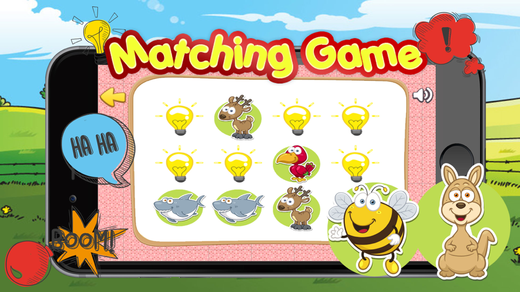 Dinosaur animals friend pair matching game for kid - Una pantalla de un juego educativo de emparejar para niños con coloridos animales de dibujos animados.