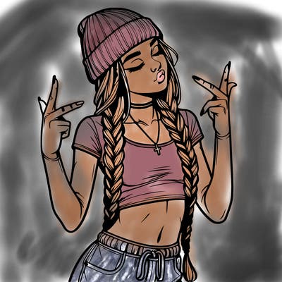 realistic teenage girl with braids and a beanie and crop top doing 🫶🏼