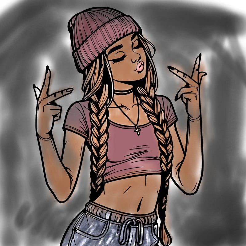 realistic teenage girl with braids and a beanie and crop top doing 🫶🏼