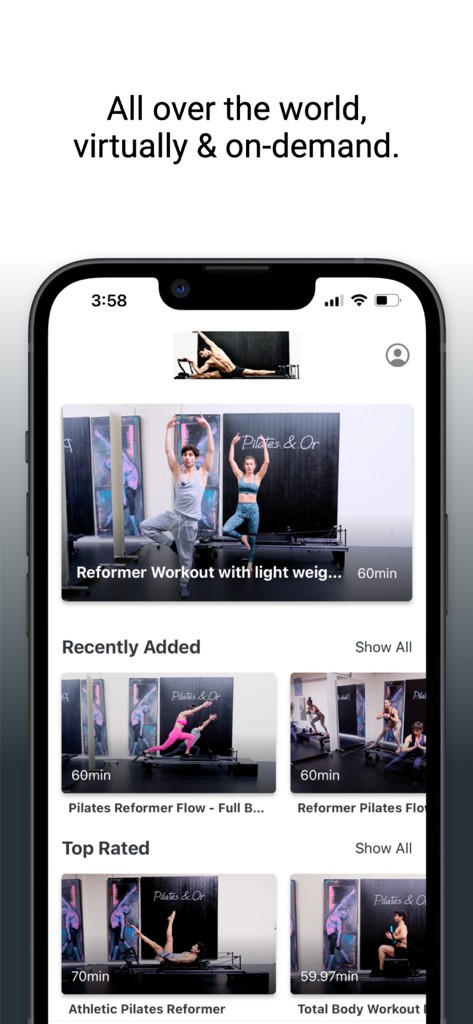 Pilates & Or - Pilates & Or app interface showing virtual on-demand reformer workouts.