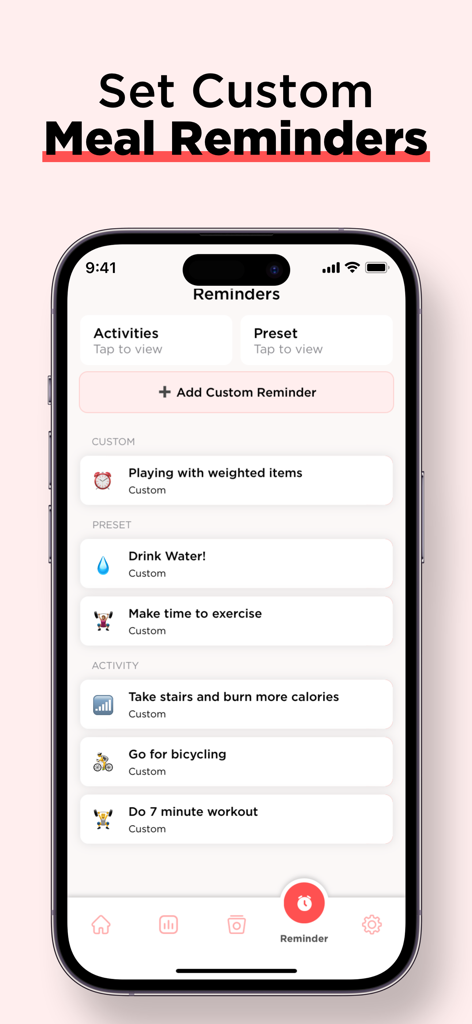 Interface of the My Daily Diet app showing custom health and activity reminders like drinking water and exercise.