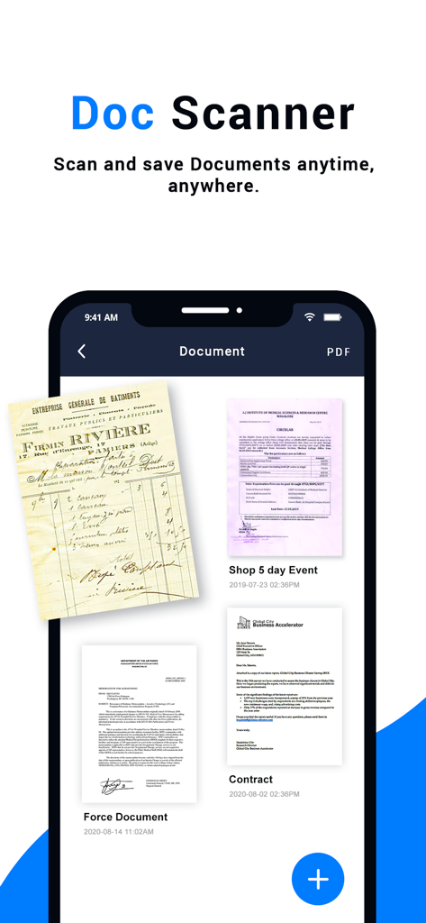 Doc Scanner- PDF Document Scan - Interfaz de la aplicación Doc Scanner mostrando varios documentos PDF y facturas escaneados.