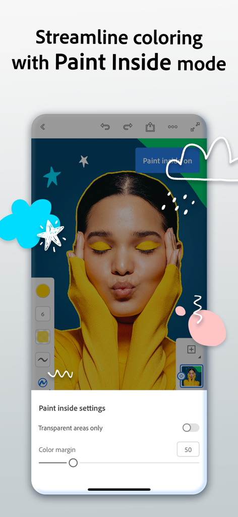 Adobe Fresco: Draw & Paint App - Adobe Fresco app interface showing the Paint Inside mode feature for precise coloring on a portrait