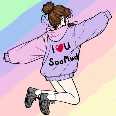 realistic girl jumping with a bun and oversized sweatshirt