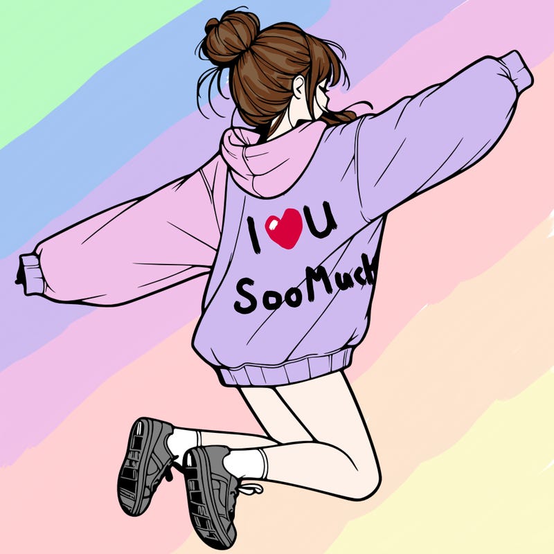 realistic girl jumping with a bun and oversized sweatshirt