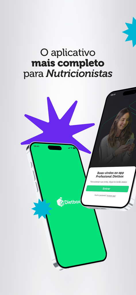 Dietbox para profissionais - Two mobile phones displaying the Dietbox app for professional nutritionists.
